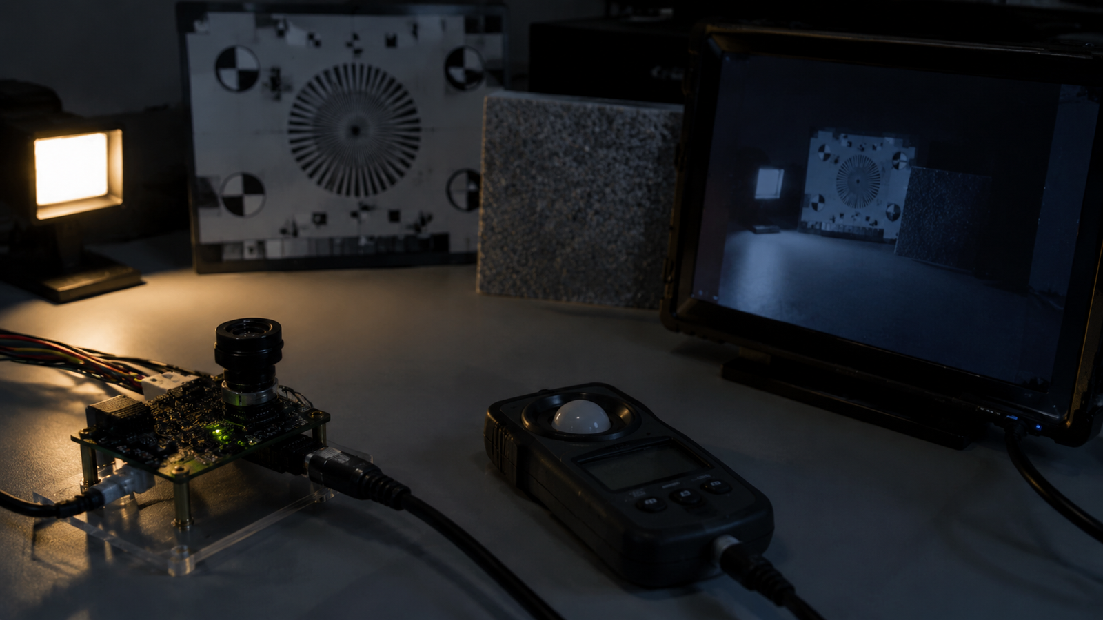 Low-light camera module test with lux meter, test target, and engineering display under defined lighting conditions