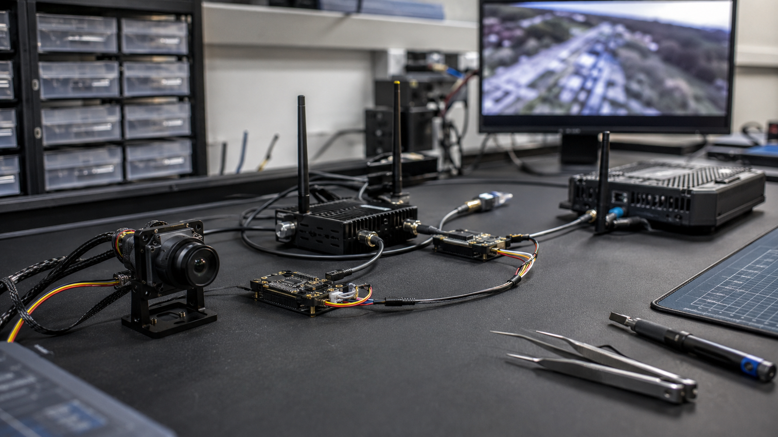 UAV FPV video return integration test bench with camera module, air unit, receiver, and ground-station display