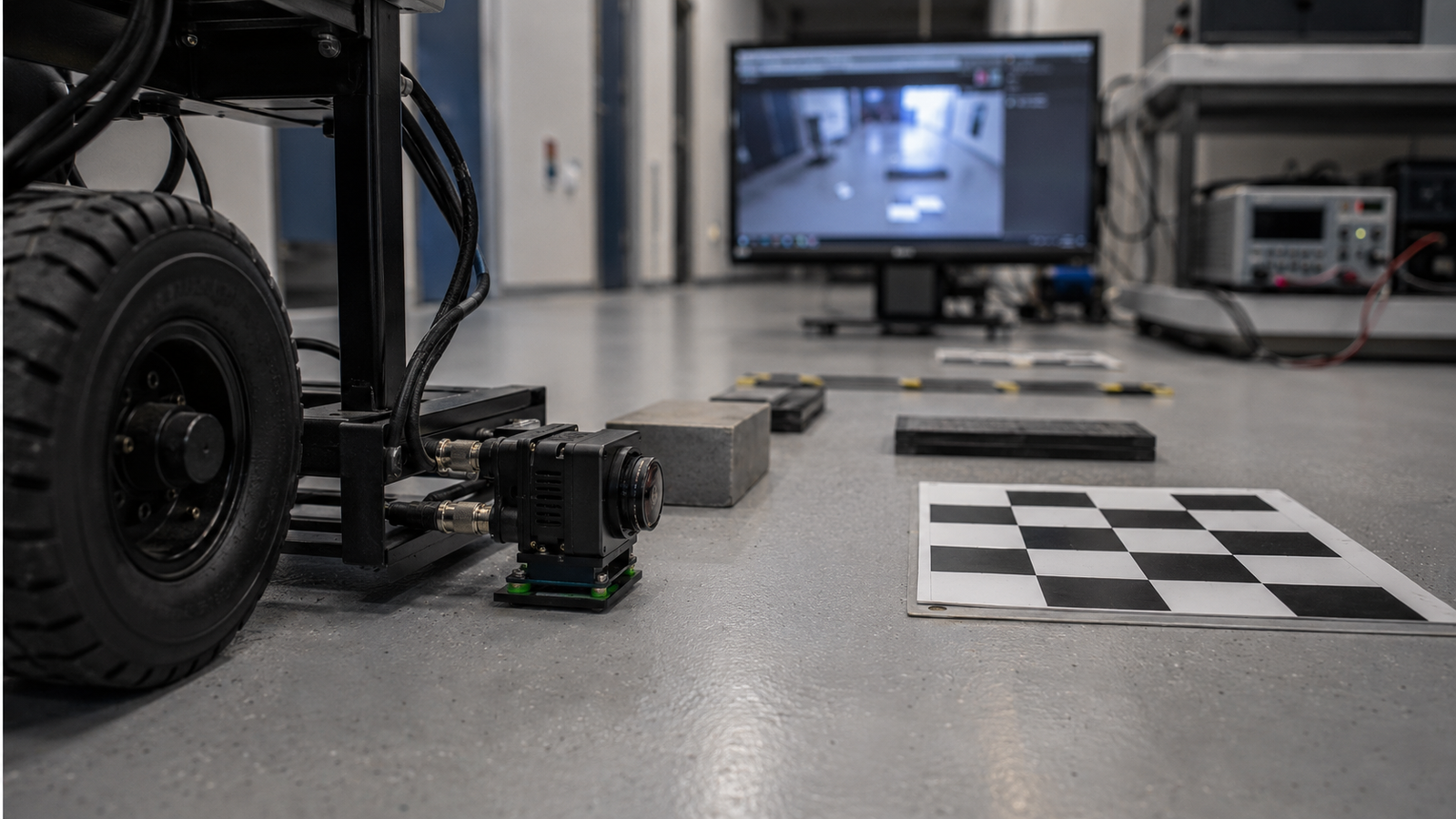 UGV robotics vision integration test setup with low-mounted camera, power module, and video display