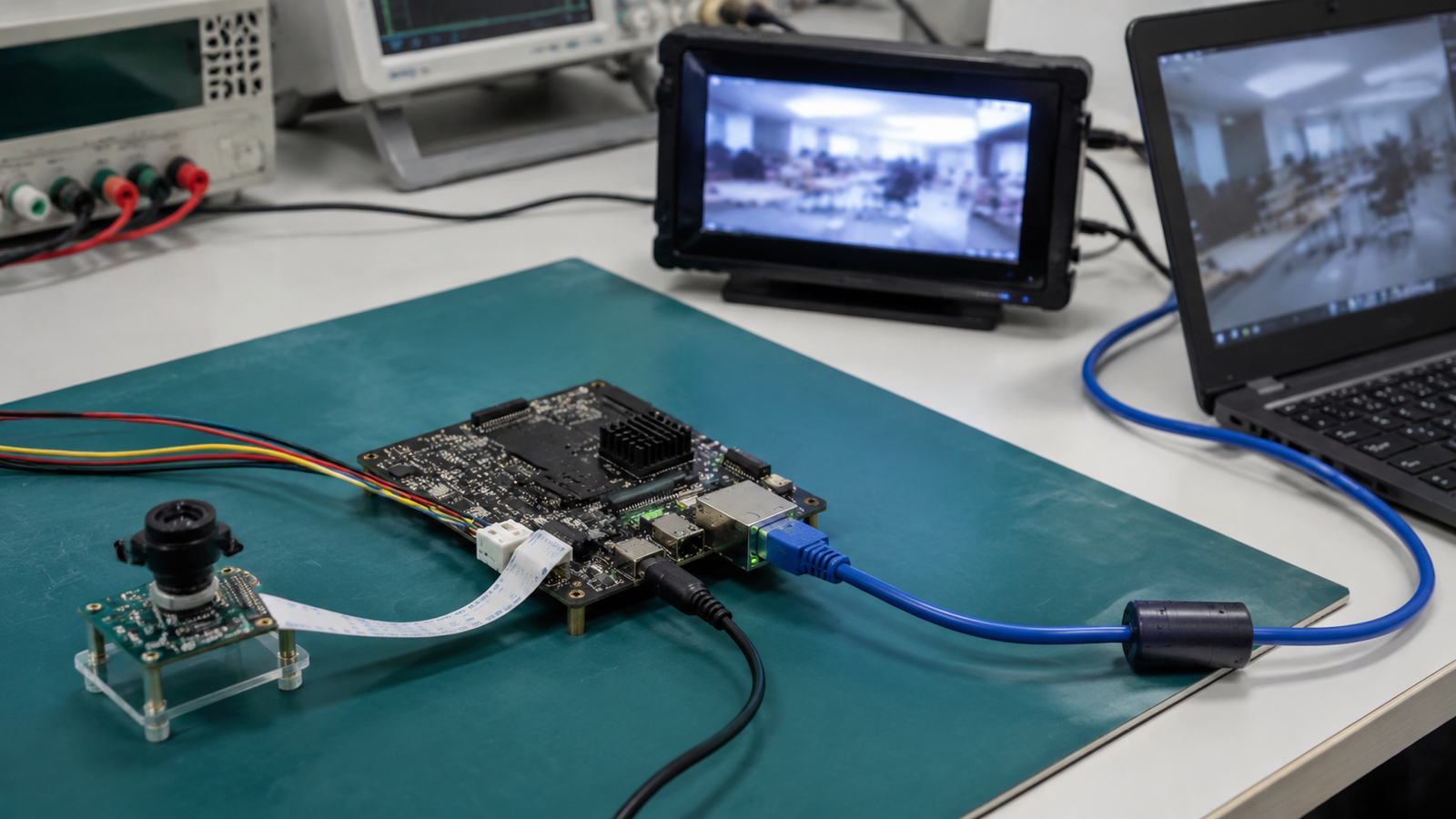 Embedded IP camera module integration with PCB camera board, lens board, network output, and test monitor